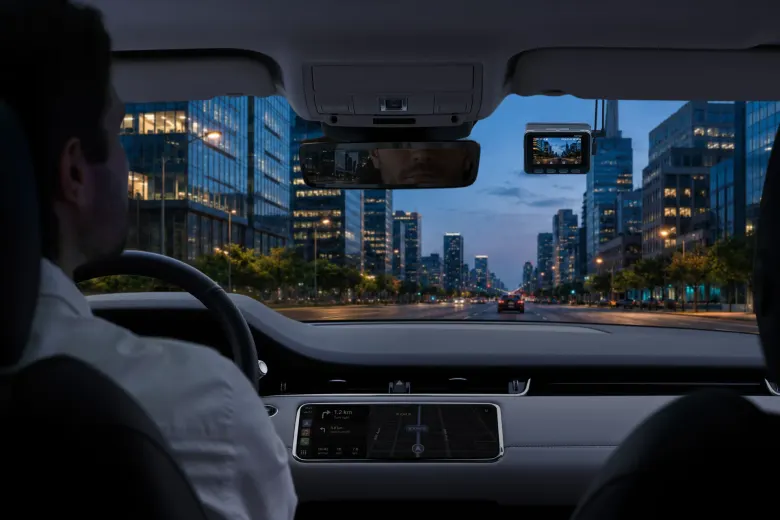 Wideorejestrator 70mai A900 Ultra w samochodzie nocą w mieście