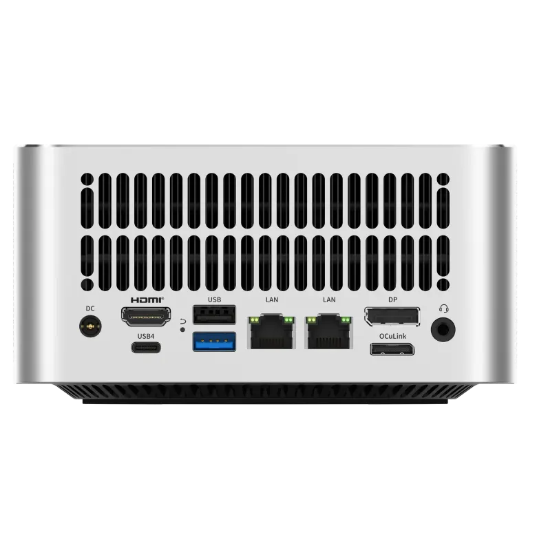 Tylny panel mini PC ACEMAGIC F9A z portami HDMI, DisplayPort, dwoma LAN, USB i OCuLink