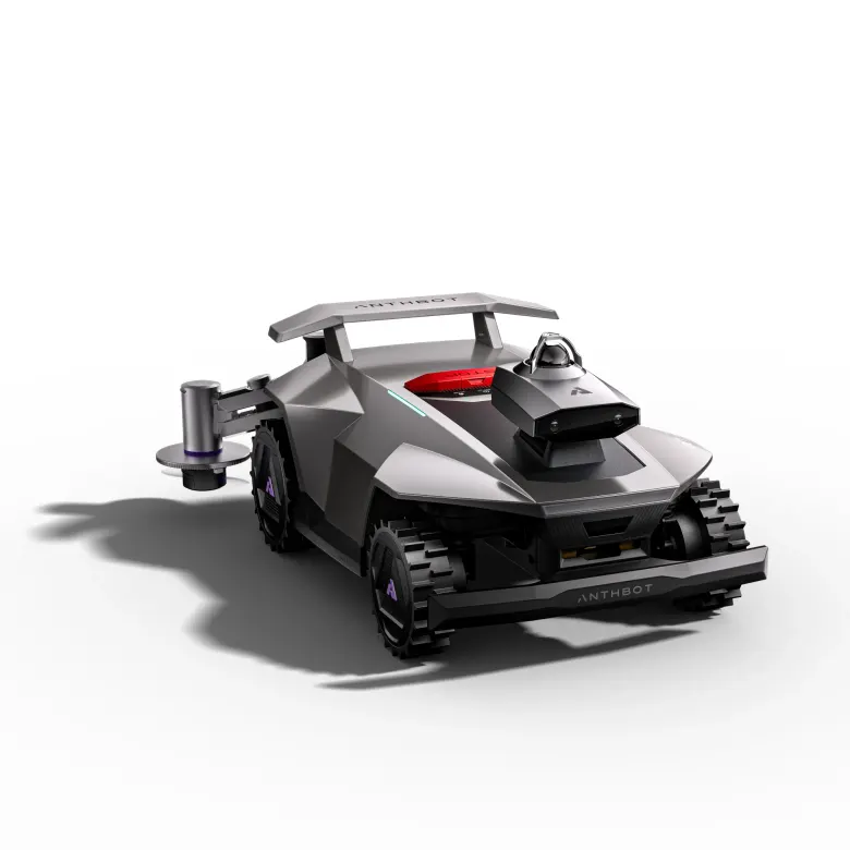 Robot koszący ANTHBOT R7 z wysuniętym bocznym ramieniem do przycinania krawędzi i czujnikiem LiDAR na dachu