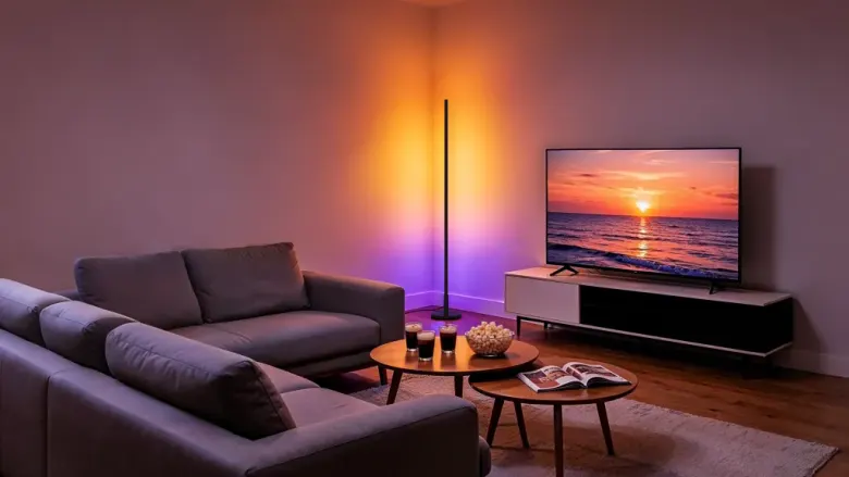 Lampa podłogowa Aqara Floor Lamp T1 podświetlająca ścianę w salonie obok telewizora