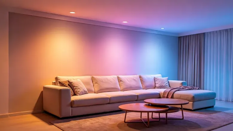Oczka sufitowe Aqara LED Downlight T2 oświetlające ścianę za sofą różnymi kolorami