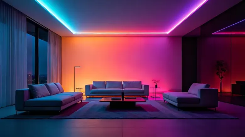 Taśma Aqara LED Strip T2 świecąca gradientem kolorów pod sufitem w salonie
