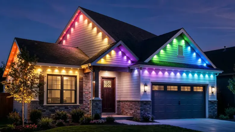 Dom oświetlony wieczorem kolorowymi lampami Aqara Permanent Outdoor Lights H1 pod okapem dachu