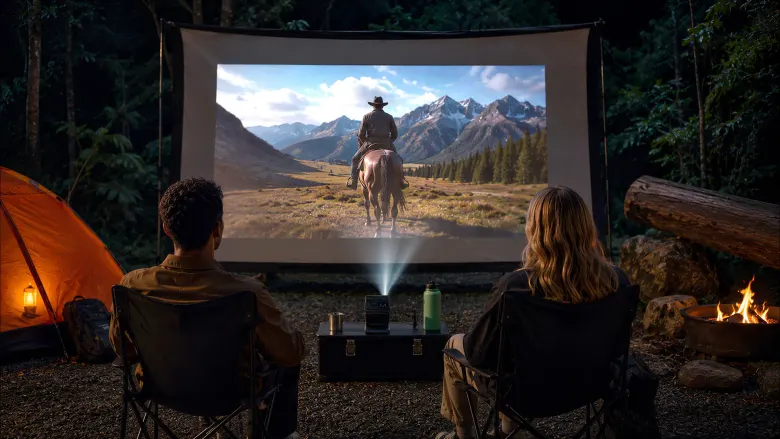 Projektor przenośny Aurzen ZIP Pro wyświetla film na ekranie podczas wieczoru na kempingu