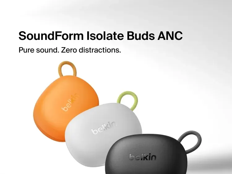 Etui słuchawek Belkin SoundForm Isolate Buds w kolorach pomarańczowym, białym i czarnym
