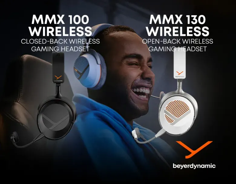 Gracz w headsecie beyerdynamic oraz bezprzewodowe headsety MMX 100 wireless (czarny) i MMX 130 wireless (biały)