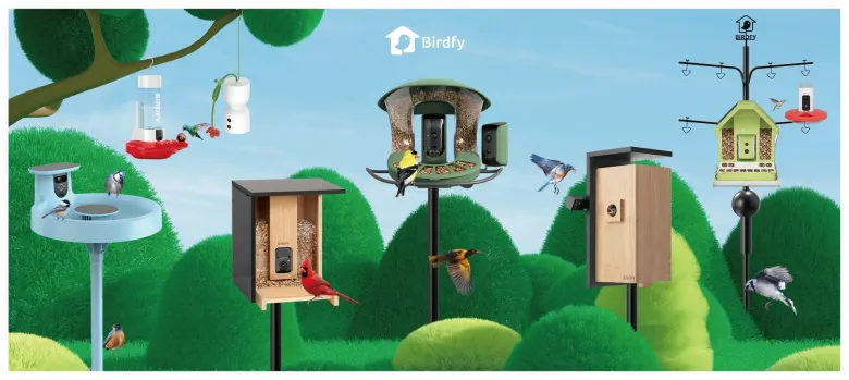 Linia produktów Birdfy: poidło z kamerą, karmniki dla kolibrów, karmniki dla ptaków z kamerą i budka lęgowa
