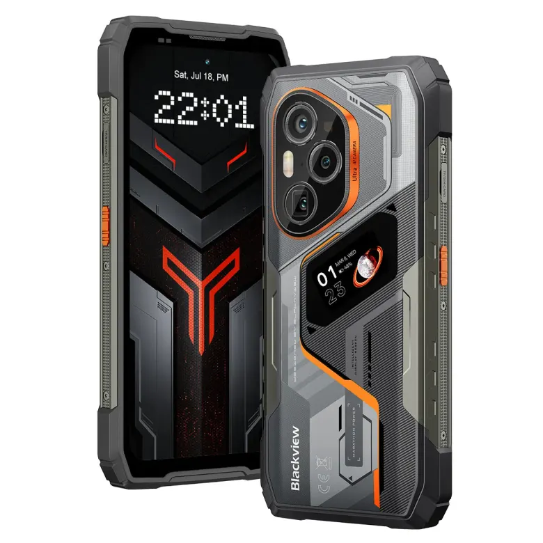 Blackview XPLORE 6 – przód z ekranem AMOLED i tył z wyspą trzech aparatów oraz małym ekranem