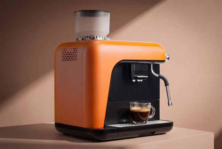 Pomarańczowy ekspres do kawy z AI Citaly yeema z filiżanką espresso