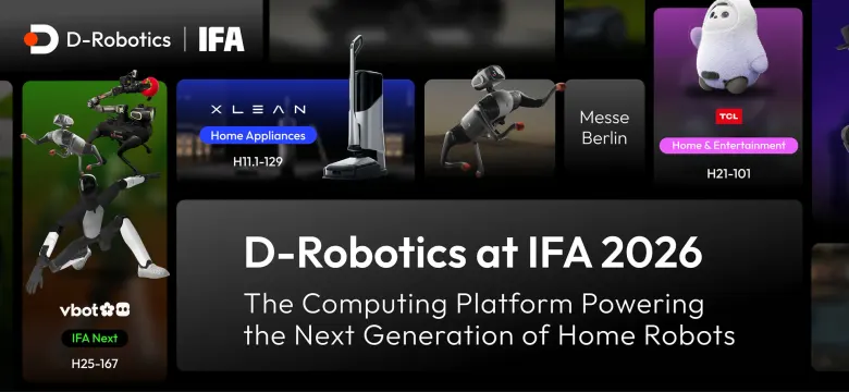 Grafika D-Robotics na IFA 2026 z robotami partnerów: czworonogiem Vbot, robotem xLean i robotem TCL