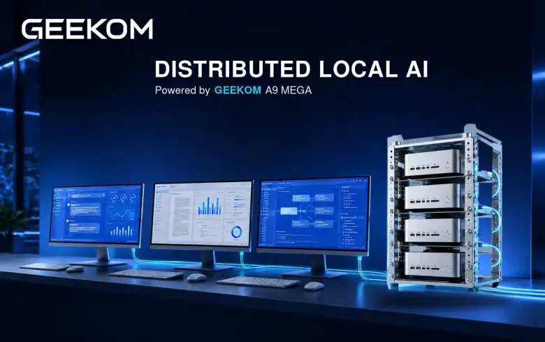 Cztery mini PC GEEKOM A9 Mega w stelażu obok trzech monitorów z panelami AI, napis Distributed Local AI