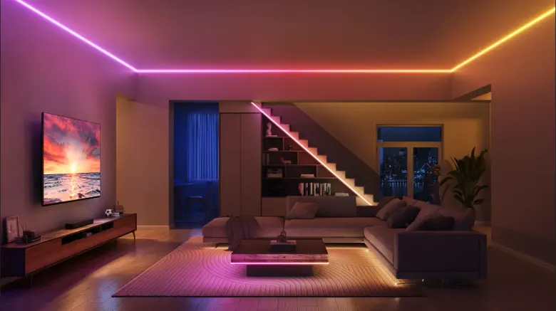 Taśma LED Govee COB Strip Light 2 Pro w salonie – podświetlony sufit, schody i stolik
