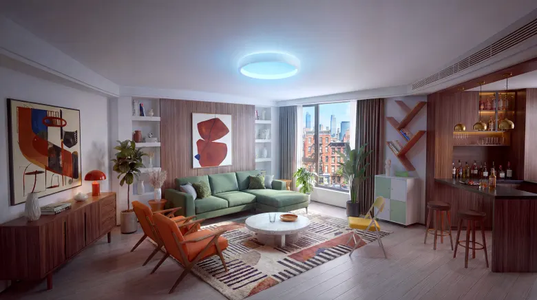 Lampa sufitowa Govee Sky Ceiling Light świecąca na niebiesko w salonie