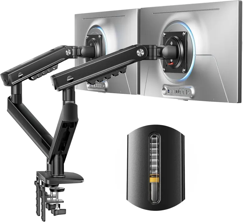 Podwójne ramię do monitorów HUANUO FlowLift Pro z dwoma monitorami i zbliżeniem na regulację sprężyny