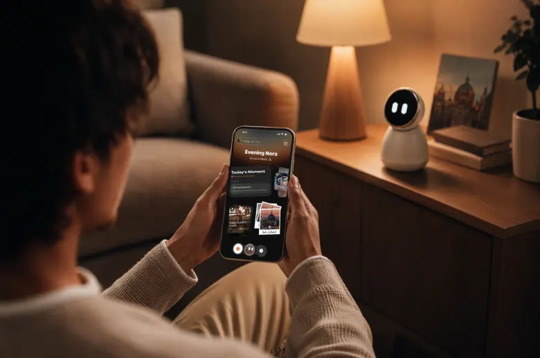 Robot iKairos na komodzie w salonie, obok użytkownik przegląda podsumowanie dnia w aplikacji na smartfonie