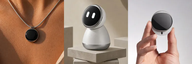 iKairos jako wisiorek na szyi, jako robot na biurko i jako sam moduł Neural Core trzymany w dłoni