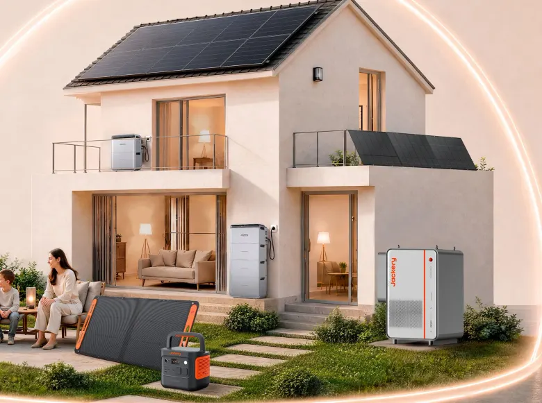 Dom z fotowoltaiką i urządzeniami Jackery: magazyny energii SolarVault, stacja zasilania Explorer i panel solarny