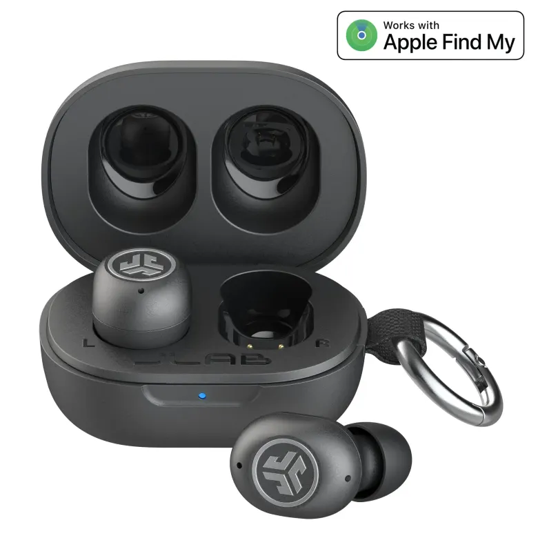 Słuchawki JLab JBuds Mini ANC w grafitowym etui z kółkiem na klucze i oznaczeniem Works with Apple Find My
