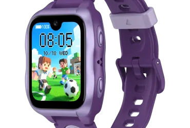 Fioletowy smartwatch dla dzieci LAGENIO K11 z kolorową tarczą na czarnym tle