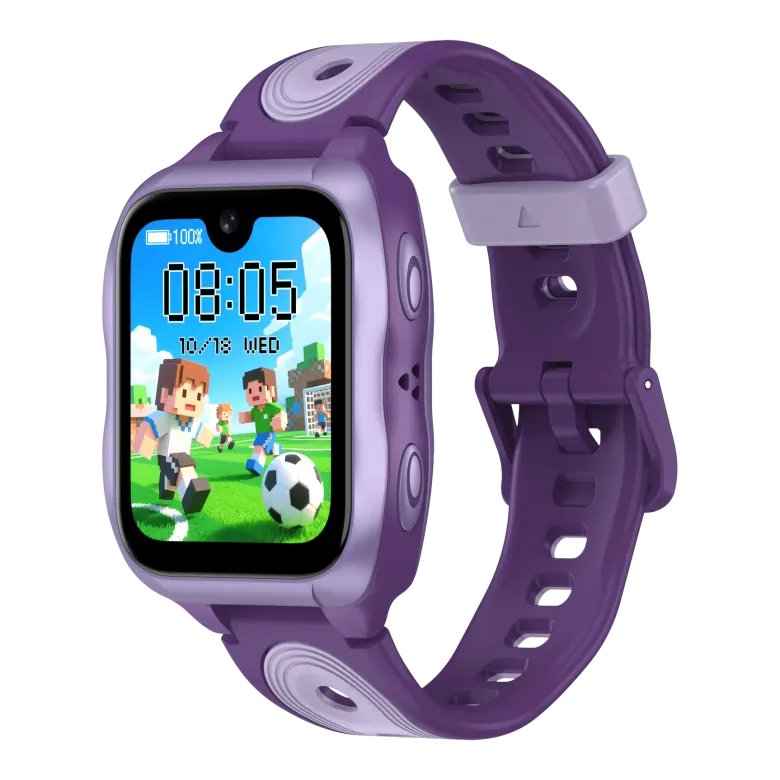 Fioletowy smartwatch dla dzieci LAGENIO K11 z kolorową tarczą na czarnym tle