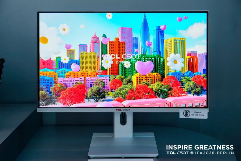 Monitor 27 cali z panelem IJP OLED TCL CSOT z kolorowym obrazem miasta na stoisku podczas IFA 2026