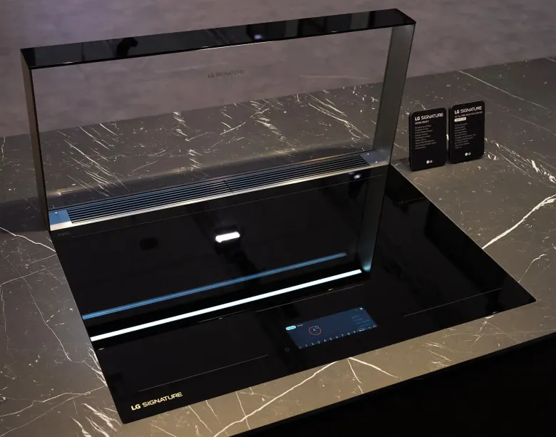 Wysunięty z blatu okap LG SIGNATURE downdraft ze szklanym frontem