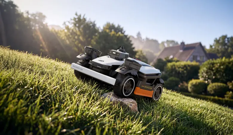 Robot koszący MAMMOTION LUBA 4 AWD z napędem na cztery koła przejeżdża przez kamień na pochyłym trawniku