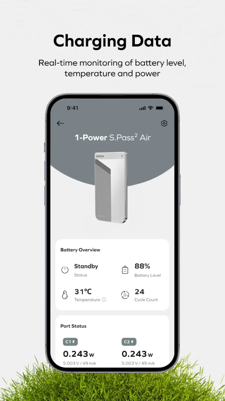 Ekran aplikacji Momax Recharge Hub z poziomem baterii, temperaturą, liczbą cykli i mocą portów powerbanka S.Pass² Air