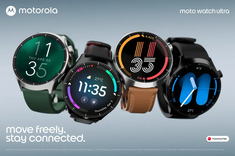 Cztery zegarki moto watch ultra z różnymi tarczami i paskami: zielonym silikonowym, brązowym skórzanym i czarnym