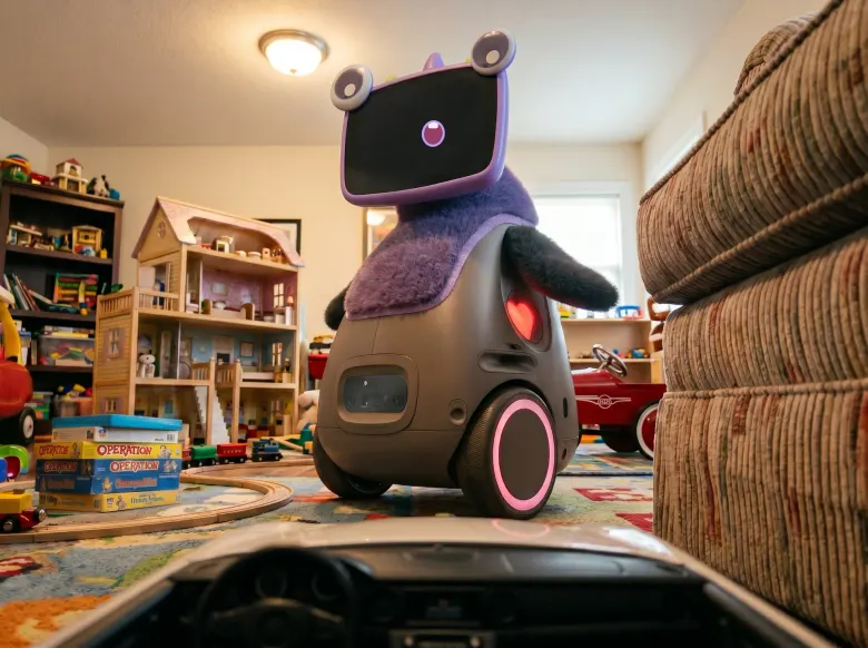 Robot OlloNi SS1 z pluszowym futerkiem w pokoju dziecka pełnym zabawek