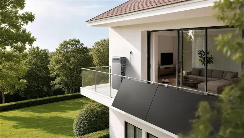 Magazyn energii Oukitel EP2500 na ścianie balkonu z panelami fotowoltaicznymi na balustradzie
