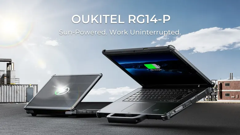 Wytrzymały laptop Oukitel RG14-P z panelem solarnym na pokrywie stojący w słońcu