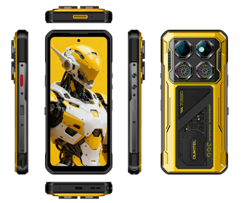 Gamingowy pancerny smartfon Oukitel WP600 w żółto-czarnej obudowie z dwoma wentylatorami na pleckach