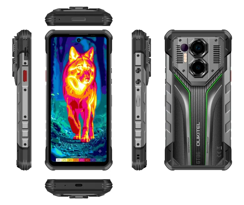 Pancerny smartfon Oukitel WP70 Ultra z przodu, z tyłu i z boków – na ekranie obraz z kamery termowizyjnej