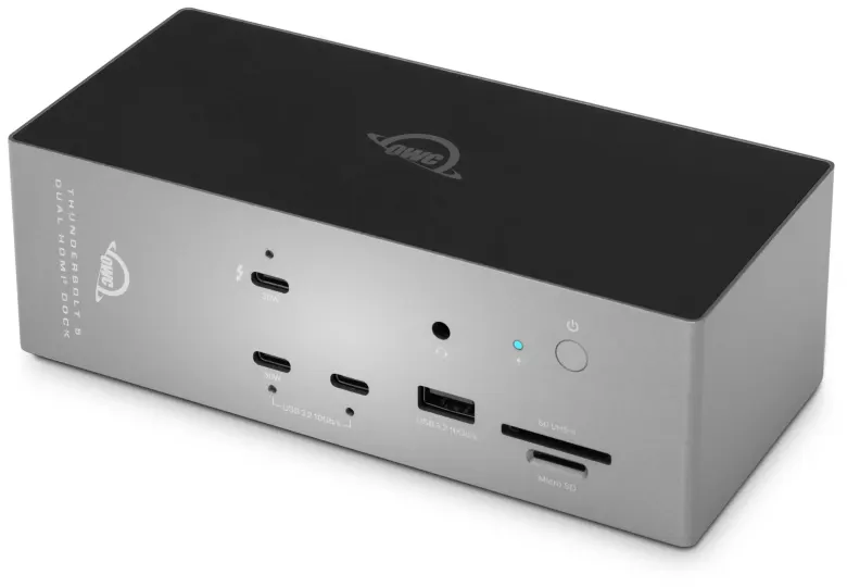 Stacja dokująca OWC Thunderbolt 5 Dock with Dual HDMI w kolorze srebrno-czarnym, widok na przednie porty i czytnik kart