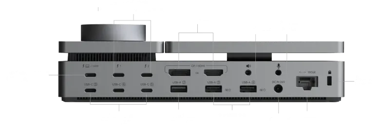 Schemat tylnego panelu stacji PexarBolt Ultra z portami Thunderbolt 5, HDMI, DisplayPort, USB i 10GbE