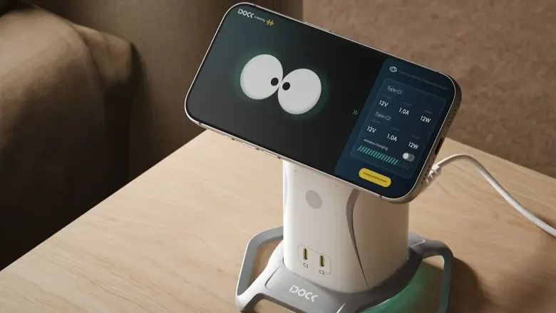 Stacja ładująca PISEN iDock z iPhone'em na ładowarce magnetycznej Qi2.2 na biurku