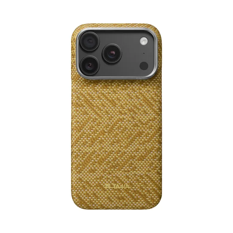 iPhone 18 Pro w etui PITAKA Edge z musztardowym wzorem Golden Drift z kolekcji Wind Over Wheat