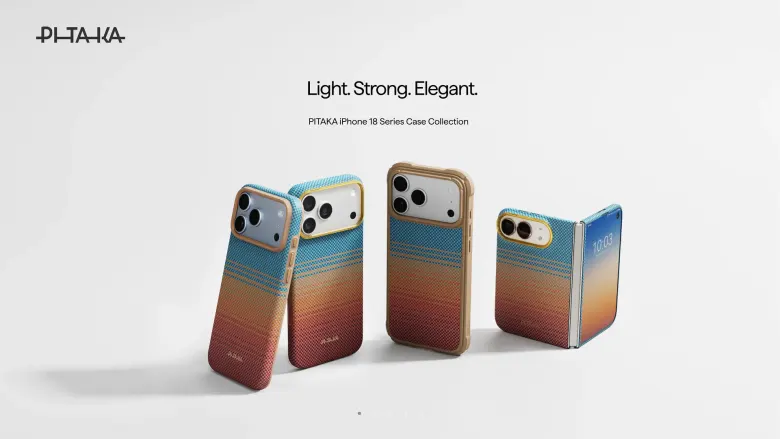 Cztery iPhone’y w etui PITAKA z tkanego włókna aramidowego w gradientowych kolorach zachodu słońca, w tym składany model