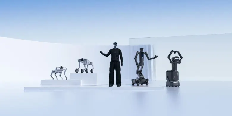 Roboty Pudu z linii embodied AI: czworonogi D5 i D5-W, robot humanoidalny oraz półhumanoidy na kołach