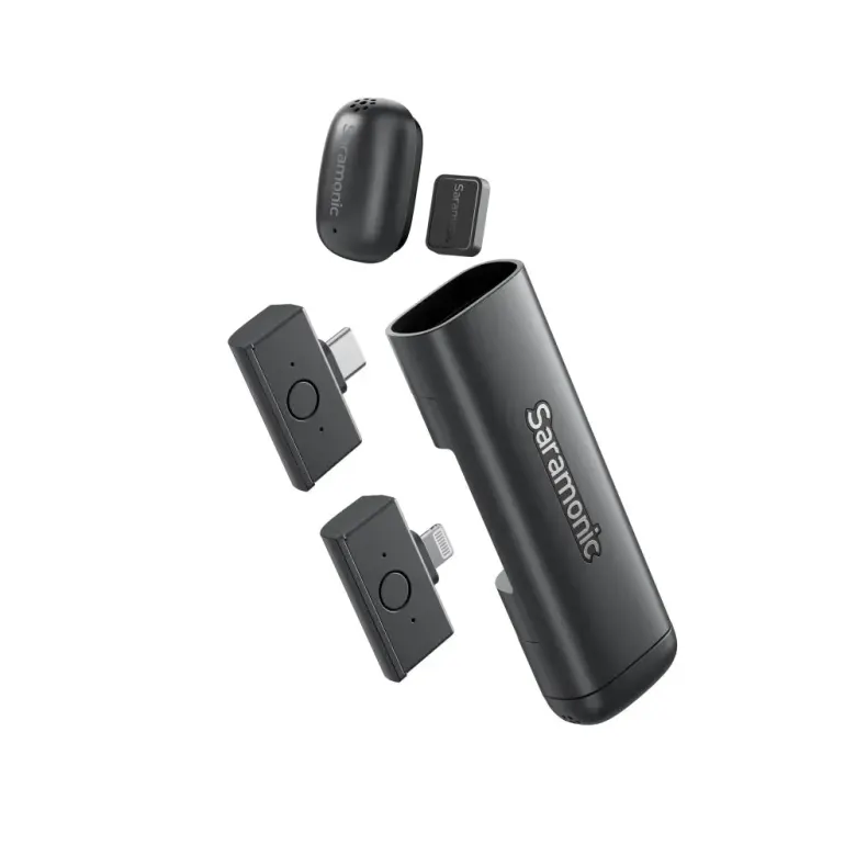 Zestaw Saramonic Air SE: dwa miniaturowe nadajniki, odbiornik USB-C i etui ładujące