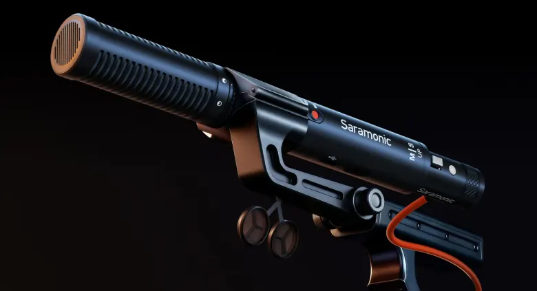 Mikrofon Saramonic SG-MS1 w uchwycie antywstrząsowym na ciemnym tle