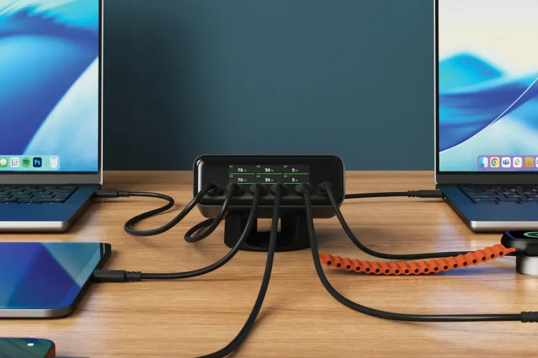 Ładowarka biurkowa Satechi ChargeView 240 W z wyświetlaczem mocy ładuje dwa laptopy, tablet i zegarek