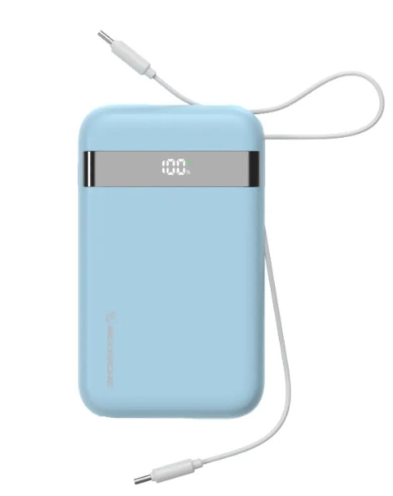 Błękitny powerbank z kablem Scosche GoBat 20K z dwoma wbudowanymi przewodami USB-C i wyświetlaczem baterii