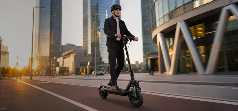 Mężczyzna w kurtce jedzie hulajnogą Segway Ninebot MAX G3 Pro ulicą między nowoczesnymi biurowcami