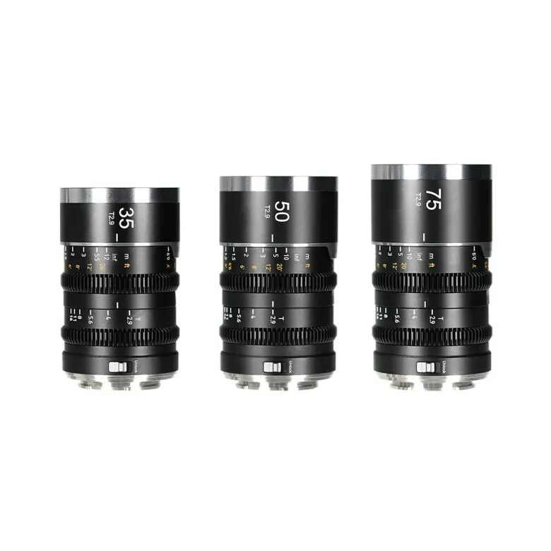 Obiektywy SIRUI Saturn V2 35 mm, 50 mm i 75 mm obok siebie na białym tle