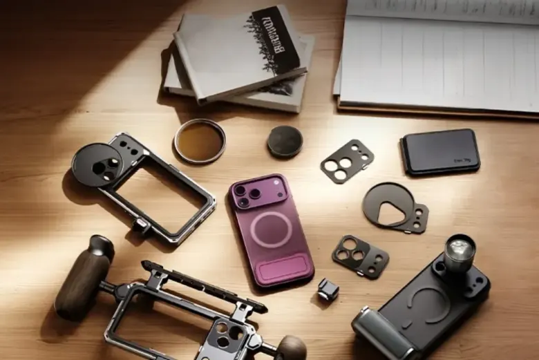 Akcesoria SmallRig do iPhone’a 18 rozłożone na drewnianym stole: etui, filtry, klatka i portfel MagSafe
