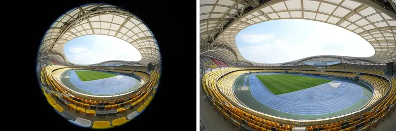 Dwa zdjęcia tego samego stadionu: po lewej okrągły kadr z 8 mm, po prawej diagonalne rybie oko z 14 mm