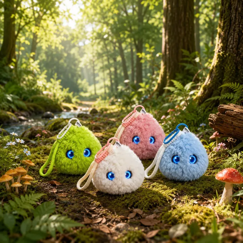 Cztery małe roboty Super Chiochio Sprite z karabińczykami na mchu w lesie