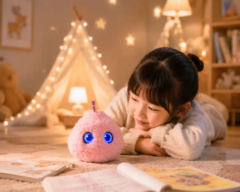 Dziewczynka leży na dywanie obok różowego robota Super Chiochio ze świecącymi niebieskimi oczami